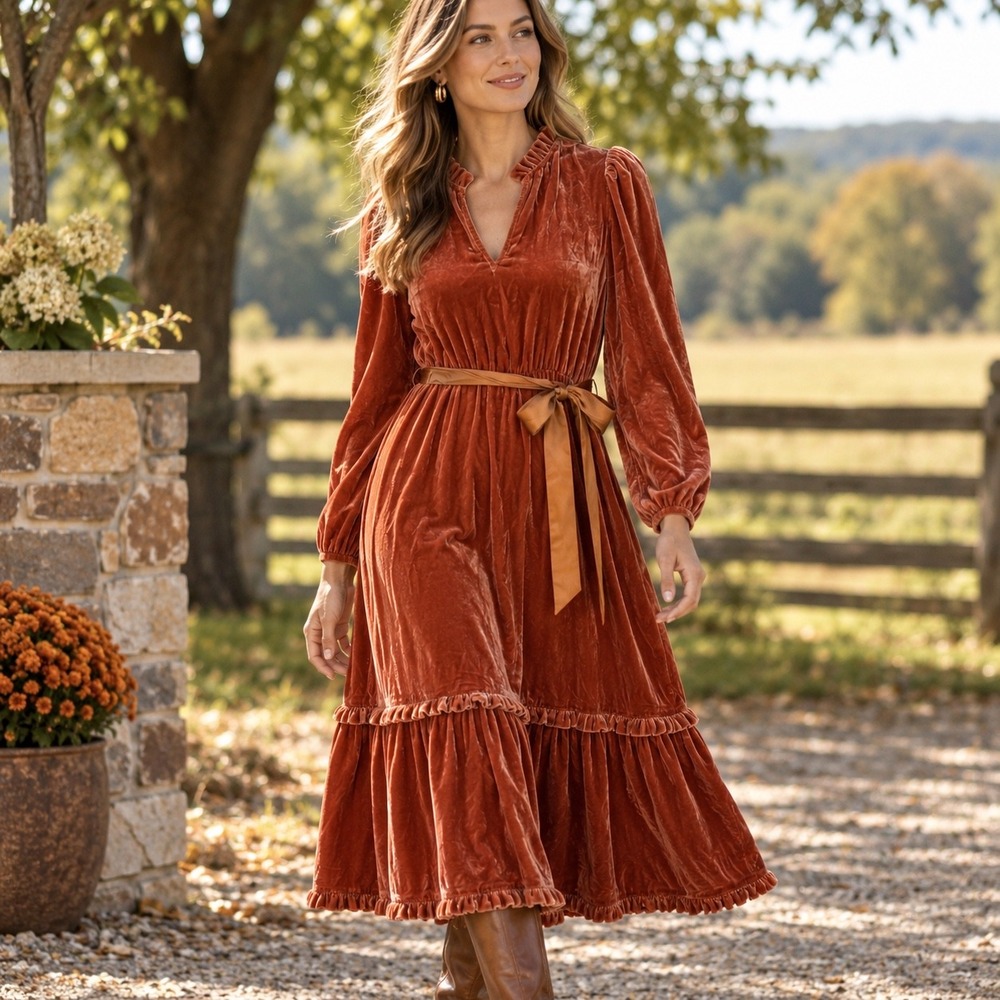 Marie Oliver Rust Orange Silk Blend Velvet Ruffle Midi Dress Small J2427-1 Boho